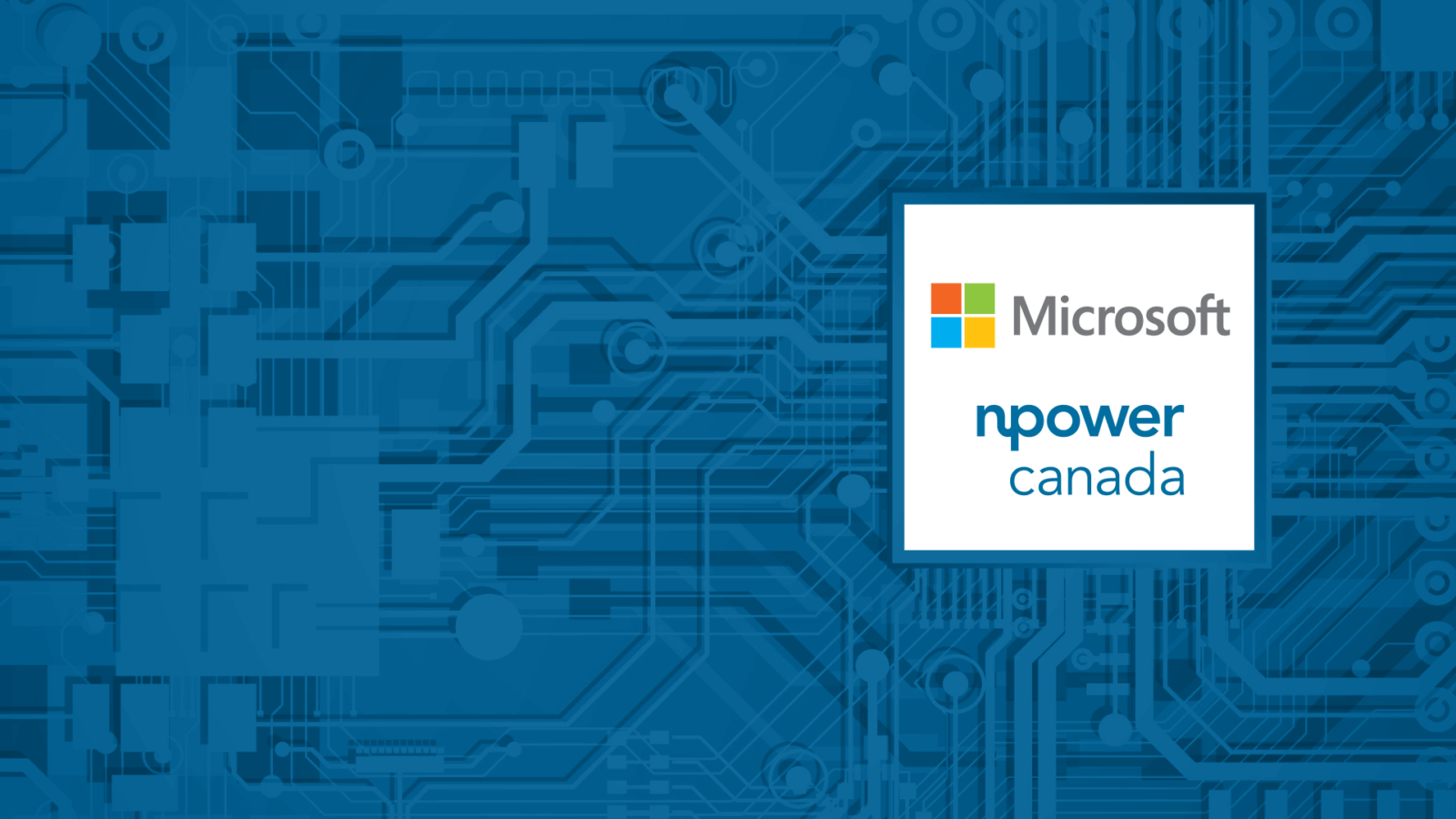 Microsoft logo in grey font text with multicolored icon and NPower Canada logo in blue font text inside a white box with blue outline on a blue background