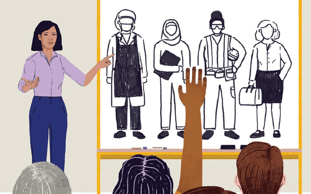 Illustration of students in a classroom with a student raising their hand to answer the teacher in front and a blackboard with multiple professions illustrated
