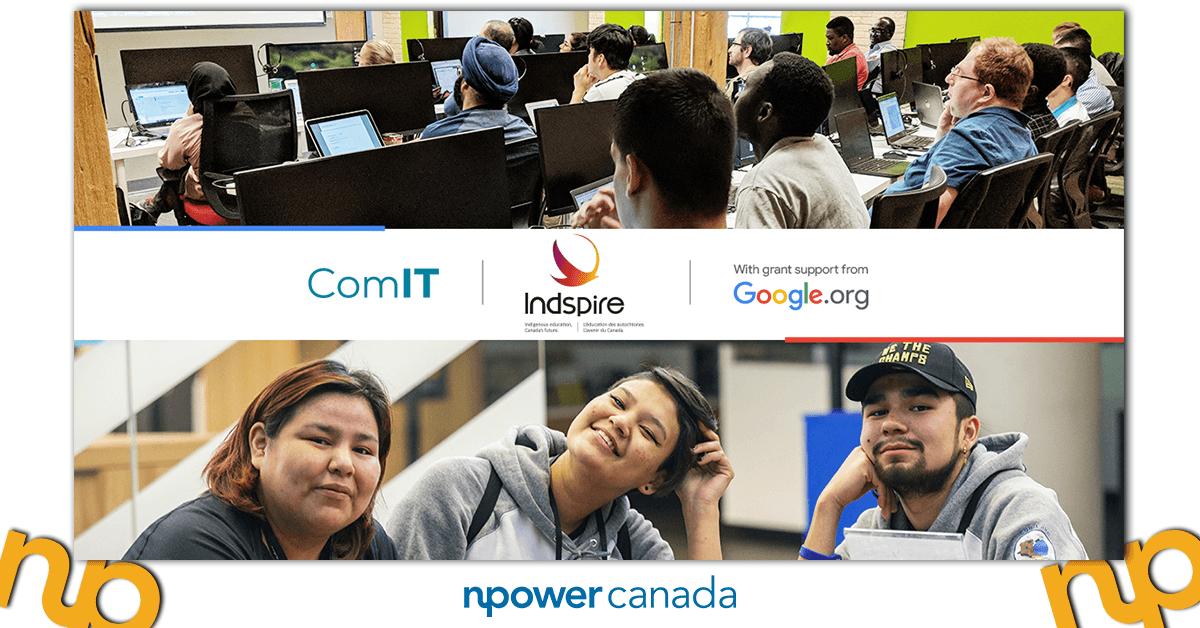 Image of a group of tech students with computers and Google.org, ComIT's, Indspire and NPower Canada logos