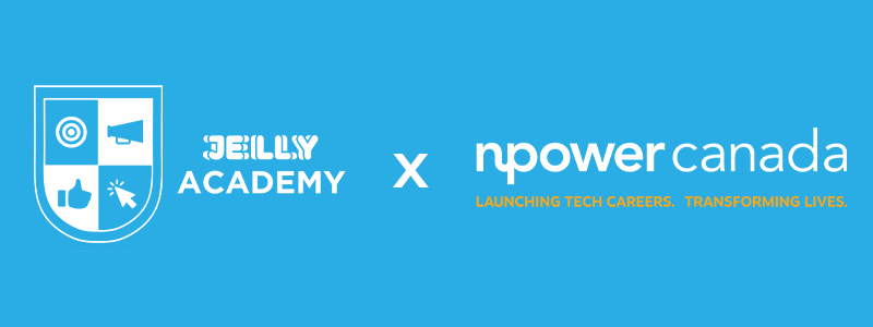 Blue rectangle with Jelly Academy logo with white icon and font text, and NPower Canada logo in white font text with English tagline in orange font text