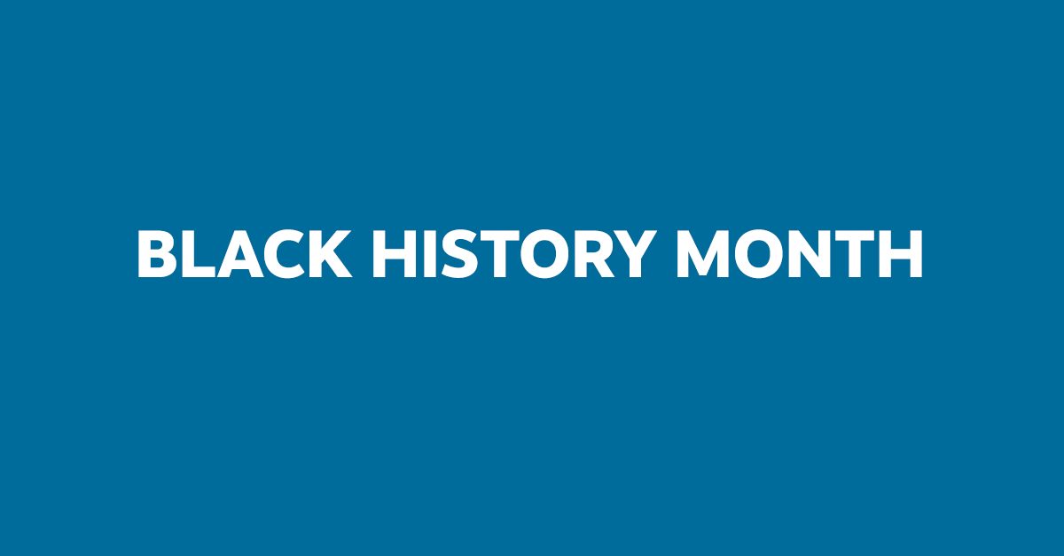 Blue rectangle with Black History Month text in white font