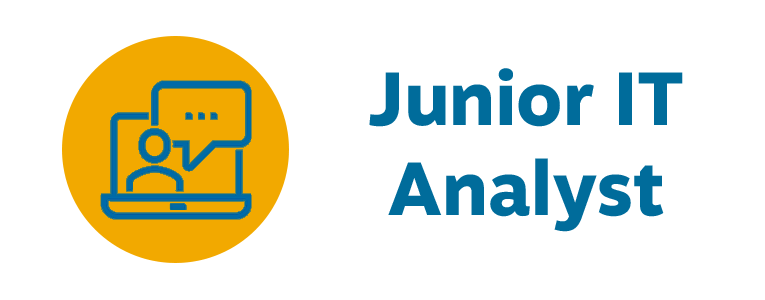 Junior IT Analyst English logo in blue font text with icon of a laptop with virtual tech support in blue outline and yellow background