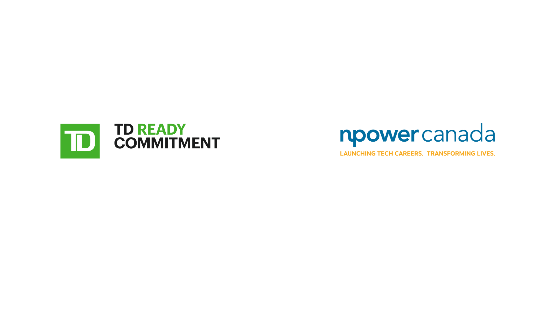 TD logo in white with green background and TD Ready Commitment in green and black font text, and NPower Canada logo in blue font text with English tagline in orange font text